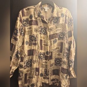 Stunt Vintage Silk Geometric Patchwork Autumn Fall Leaf Floral Button Down Top